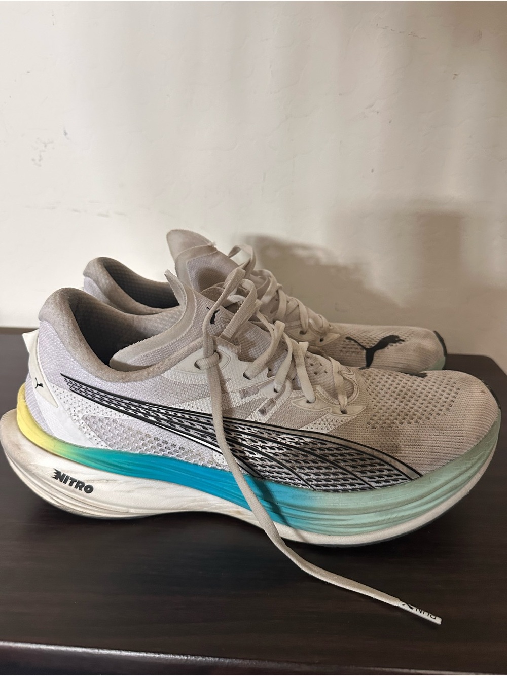Puma Deviate Nitro 3  White Sneakers with Teal and Yellow Gradient Midsole